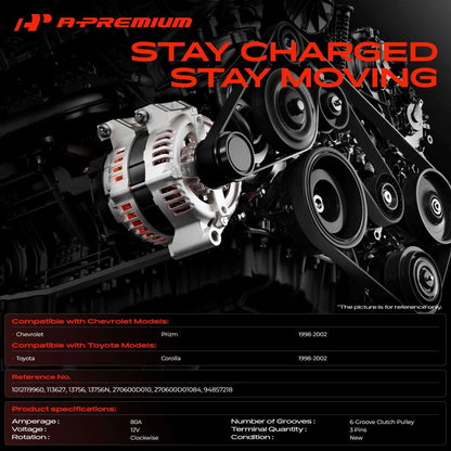 A-Premium Alternator for Toyota Corolla Chevy Prizm (1998–2002) 80A 12V 113627 1012119960 270600D010