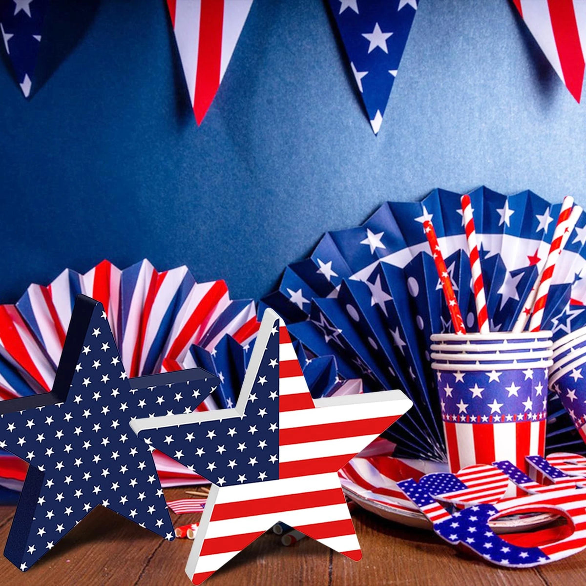 3Pcs Wooden Star Signs for 4th of July Decorations