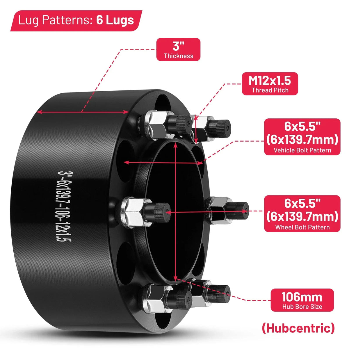 2Pc Hub Centric 6x5.5 6x139.7 3" Wheel Spacers for Toyota Tacoma 4Runner (2005–2023)