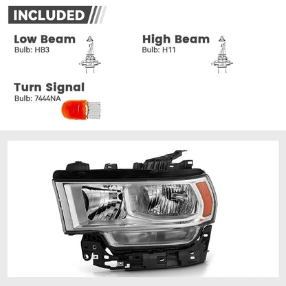 Set of 2 Halogen Headlights for Ram 2500 3500 (2019–2024) Chrome W/ Bulbs