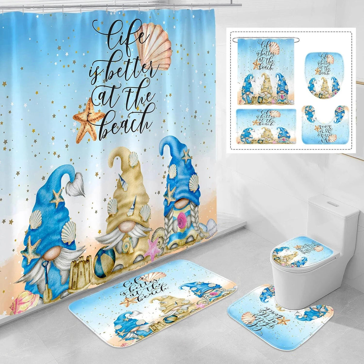 4X Summer Gnomes Shower Curtain Set with Non-Slip Rugs for Bathroom (N/A)
