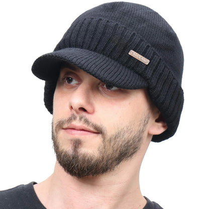 30% Wool Winter Beanie with Visor & Earflaps - Black, One Size