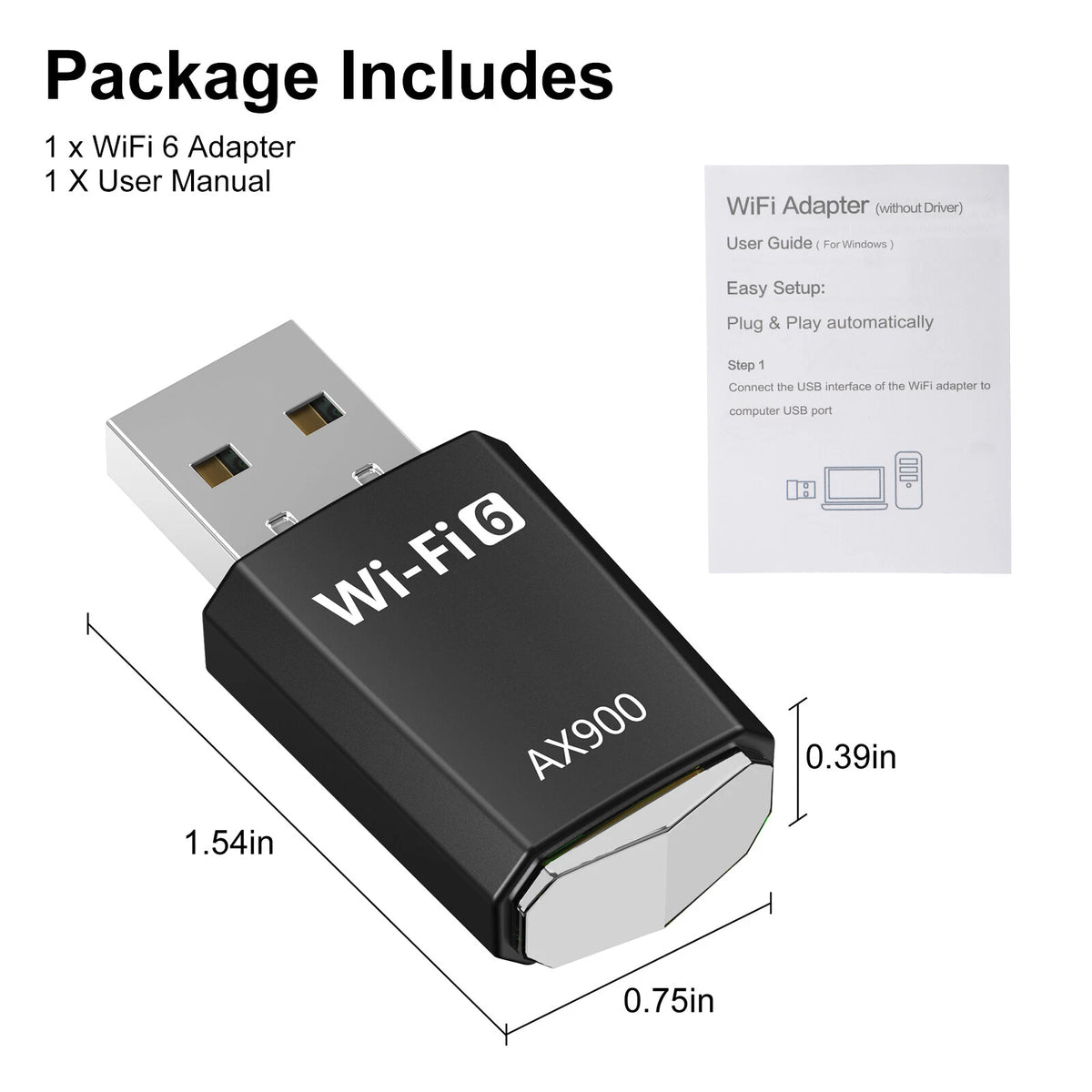 2X USB WiFi 6 Wireless Network Adapter for PC/Desktop 900Mbps Dual Band