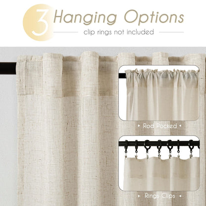Faux Linen Beige Curtains 63" for Living Room (Rustic Farmhouse Style)