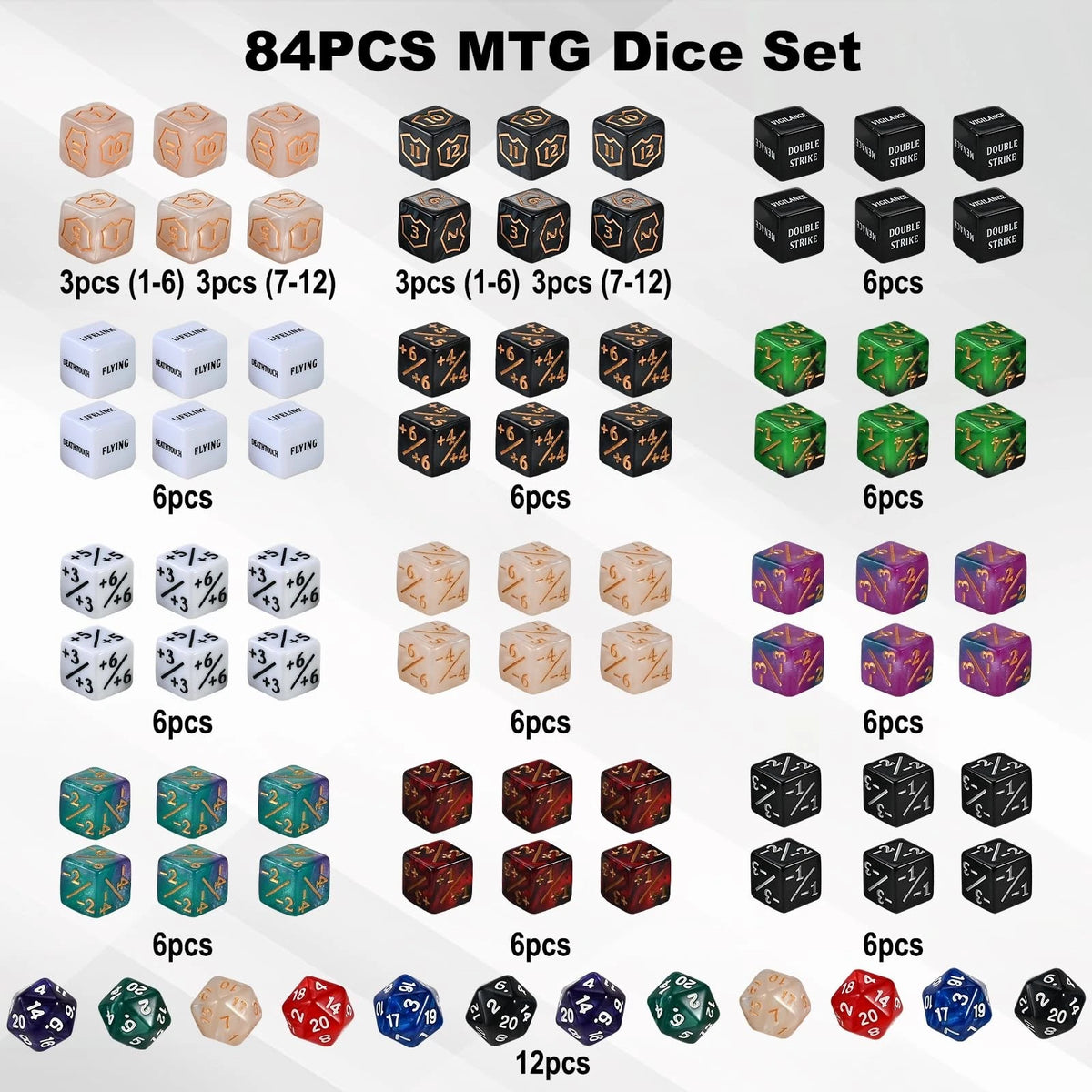 84 Piece MTG Dice Set Counters Accessories - 12 Colors Life Token Shield