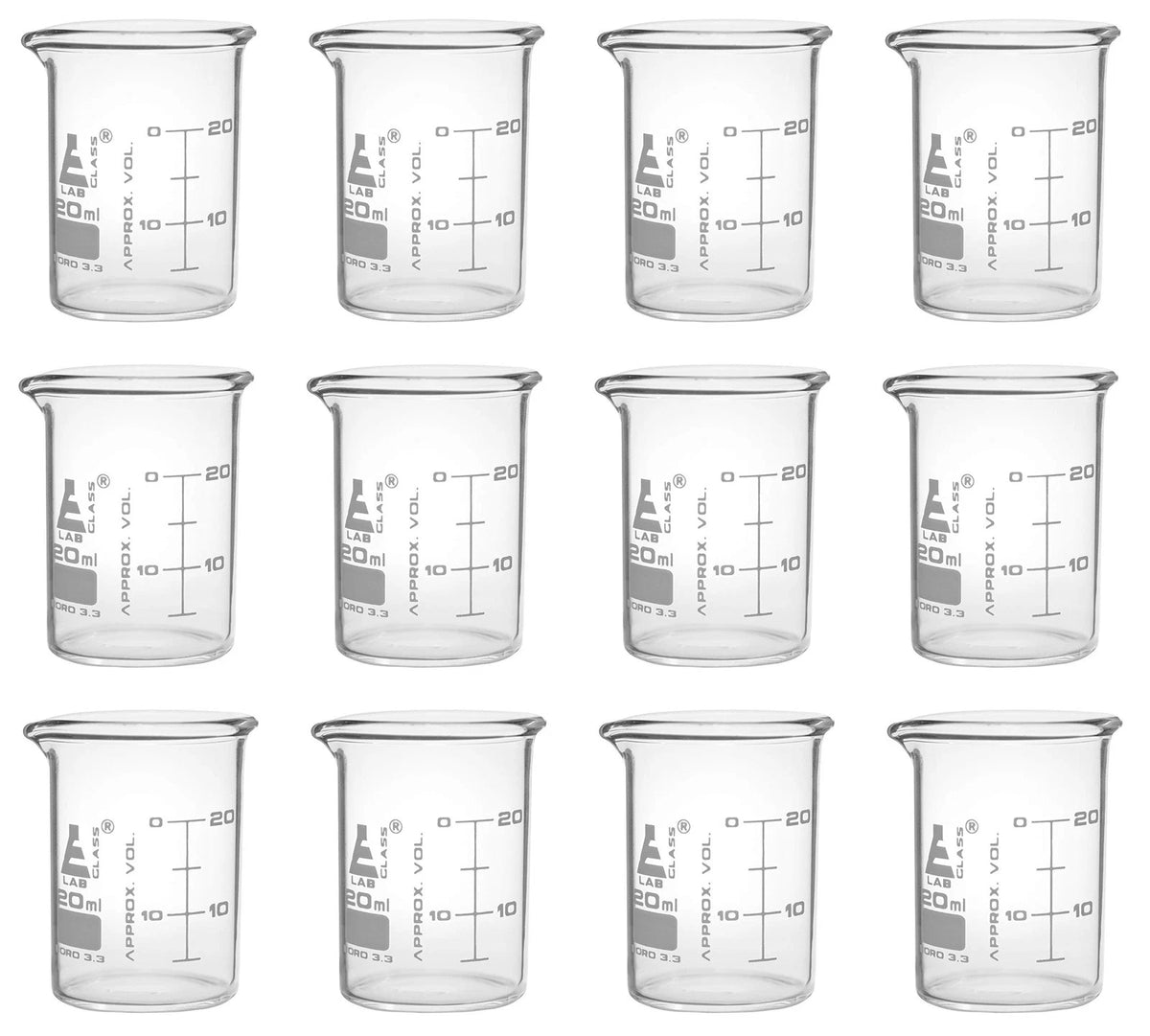 Set of 12 Beakers for ASTM Low Form with Spout, 20ml, Dual Scale