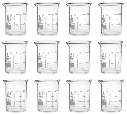 Set of 12 Beakers for ASTM Low Form with Spout, 20ml, Dual Scale