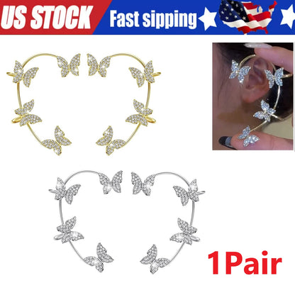 1 Pair Butterfly Ear Clip Silver Zircon Earrings Cuff Wrap for Women