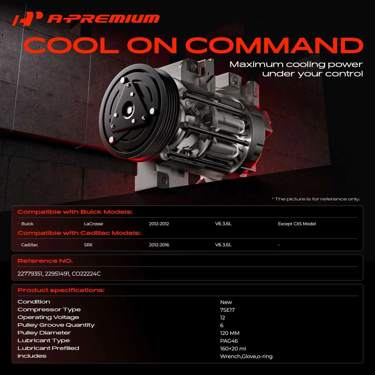 A/C Compressor with Clutch for Buick LaCrosse, Cadillac SRX (2012–2016) 22779351, 22951491, CO22224C