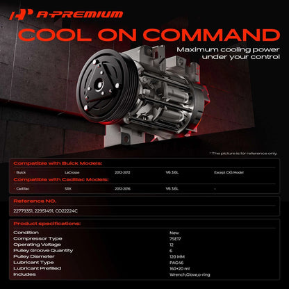 A/C Compressor with Clutch for Buick LaCrosse, Cadillac SRX (2012–2016) 22779351, 22951491, CO22224C