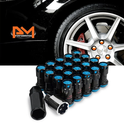 Set of 20 M12X1.5 Sky Blue JDM Closed End Lug Nuts with Spline Lock and Key