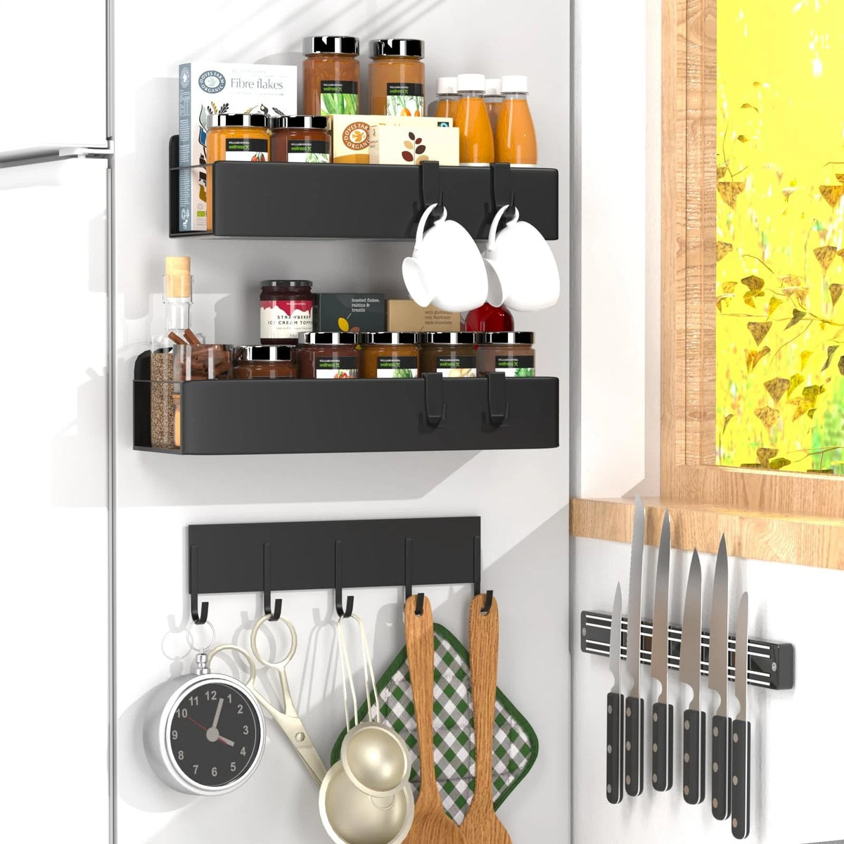 4X Magnetic Spice Rack for Refrigerator (Metal Shelf, Black)