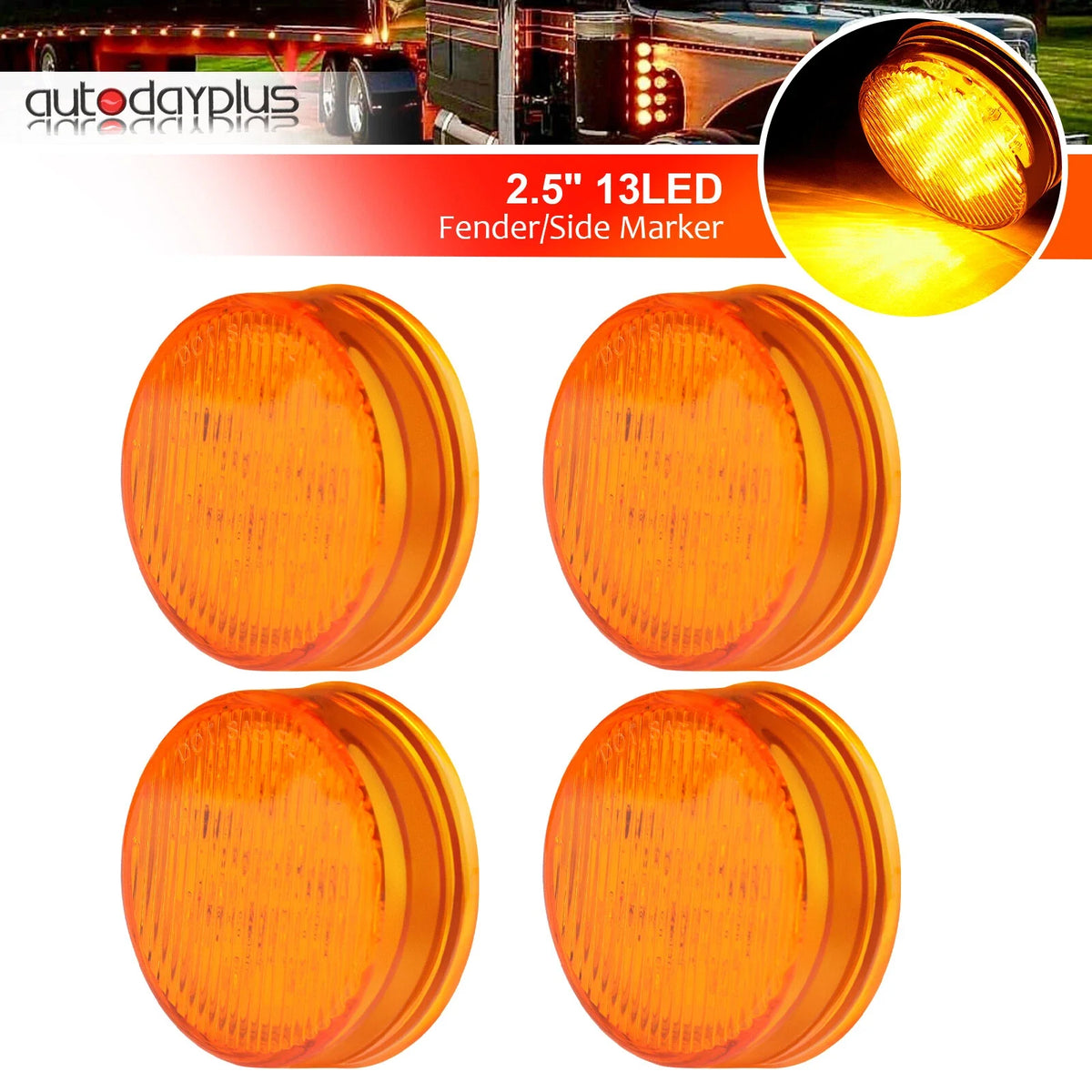 Set of 4 Yellow LED Round Side Marker Lights for Trailer Truck (2.5")