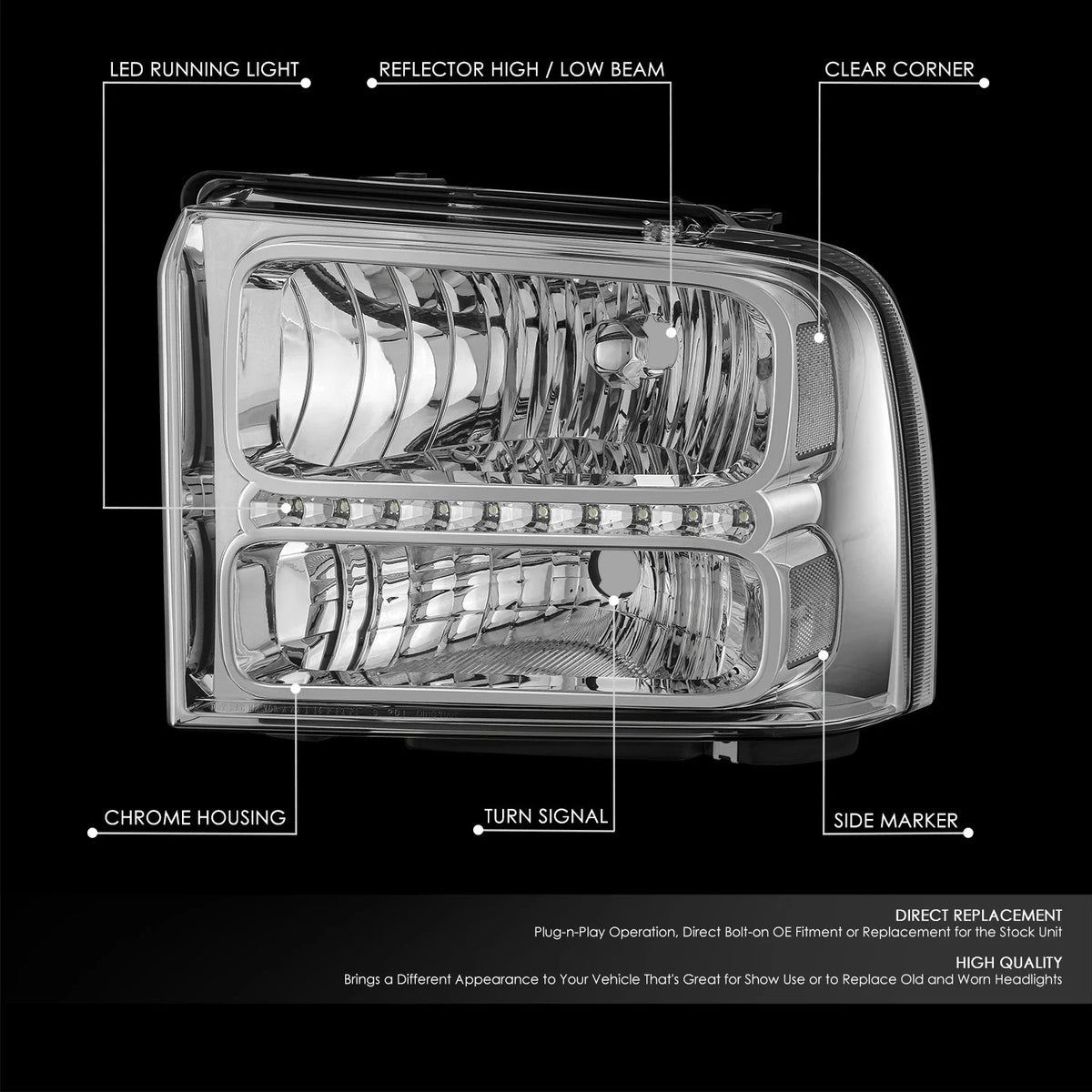 3D LED Running Strip Headlight for Ford F250-550 SD Excursion (2005–2007)