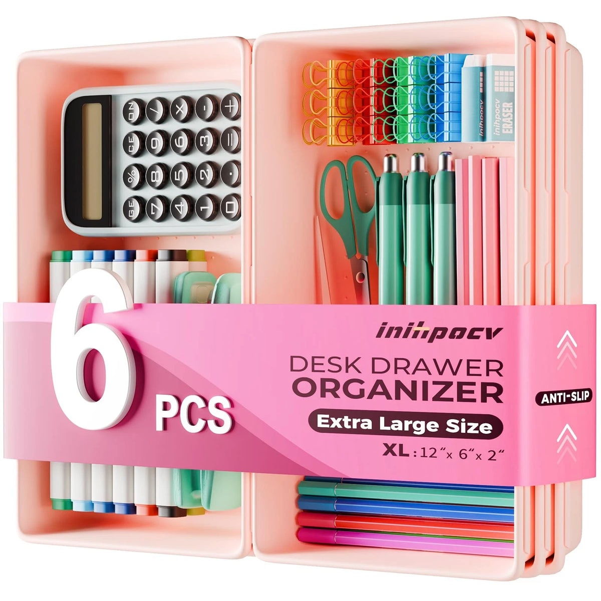 6X Extra-Large Pink Drawer Organizer Trays with Non-Slip Pads
