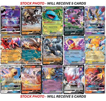 5 Ultra Rare Pokemon Card Lot - V, GX, EX, Standard Trading Size