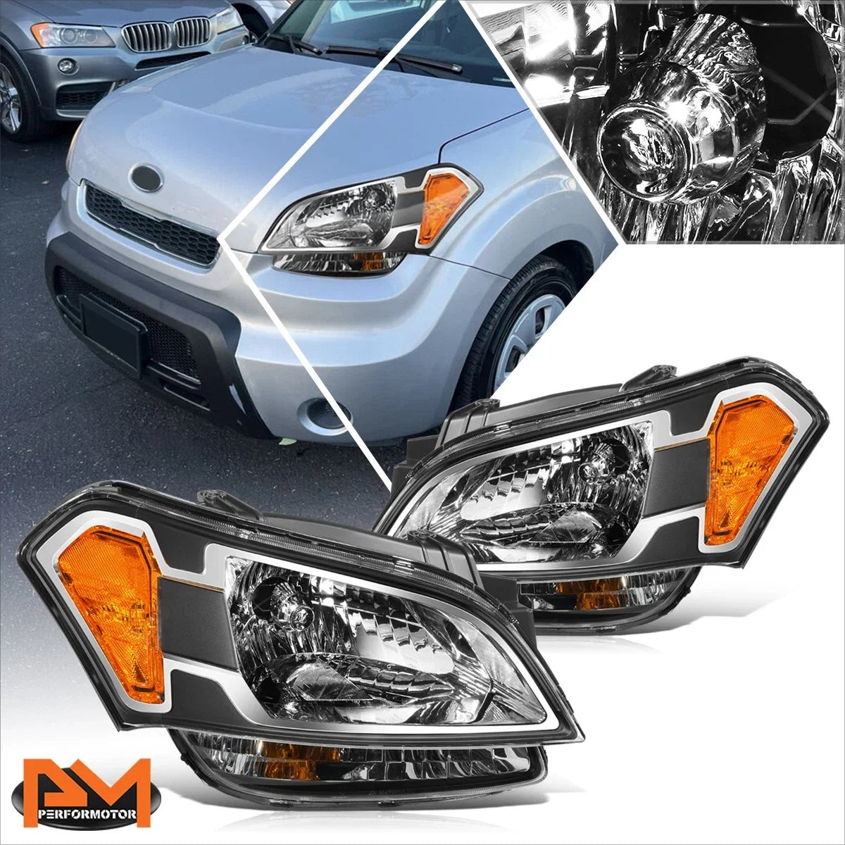 Headlight Lamp Assembly for Kia Soul (2010–2011) Black Housing Amber Corner