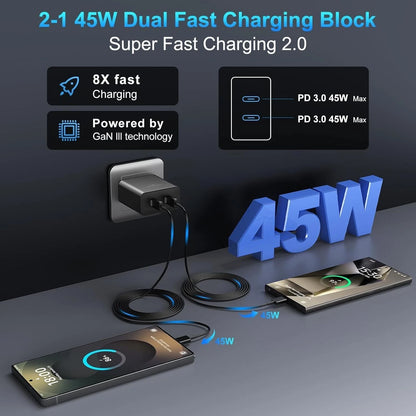 Dual Port 45W Fast Charger with Type C Cable 10ft for Universal Use