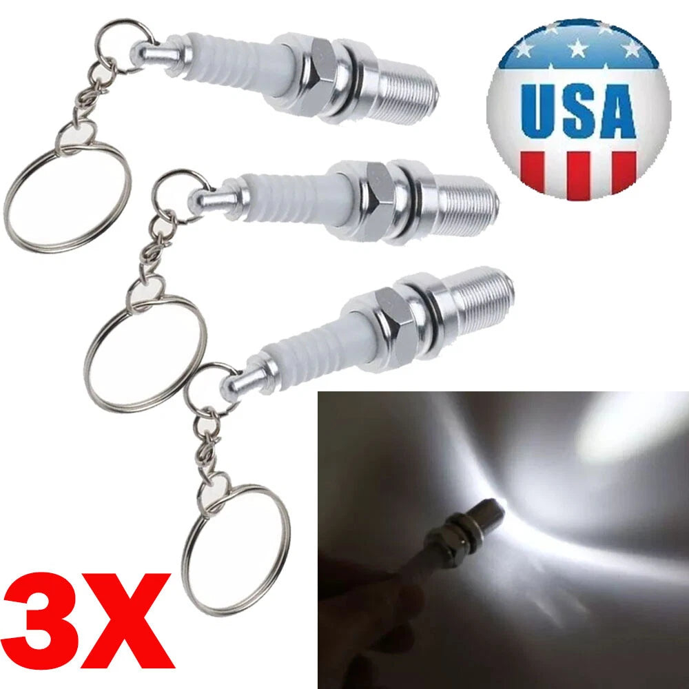3X Spark Plug Keychains for Car Parts - LED Light Key Ring Fob
