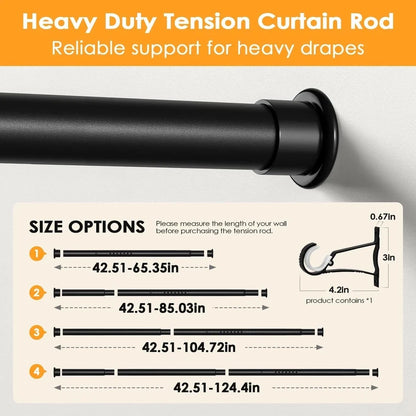 Extra Long Tension Curtain Rod 43-124 Inches Black Heavy Duty