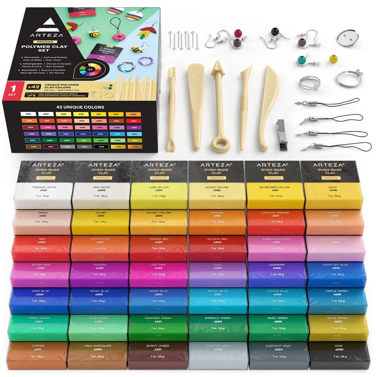 42-Color Polymer Clay Kit with 5 Tools & Jewelry Findings for Crafting