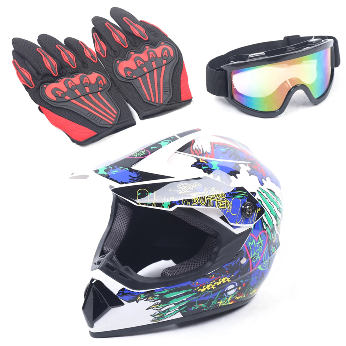 DOT Motorcycle Helmet Set with Goggles and Gloves for Motocross MX ATV