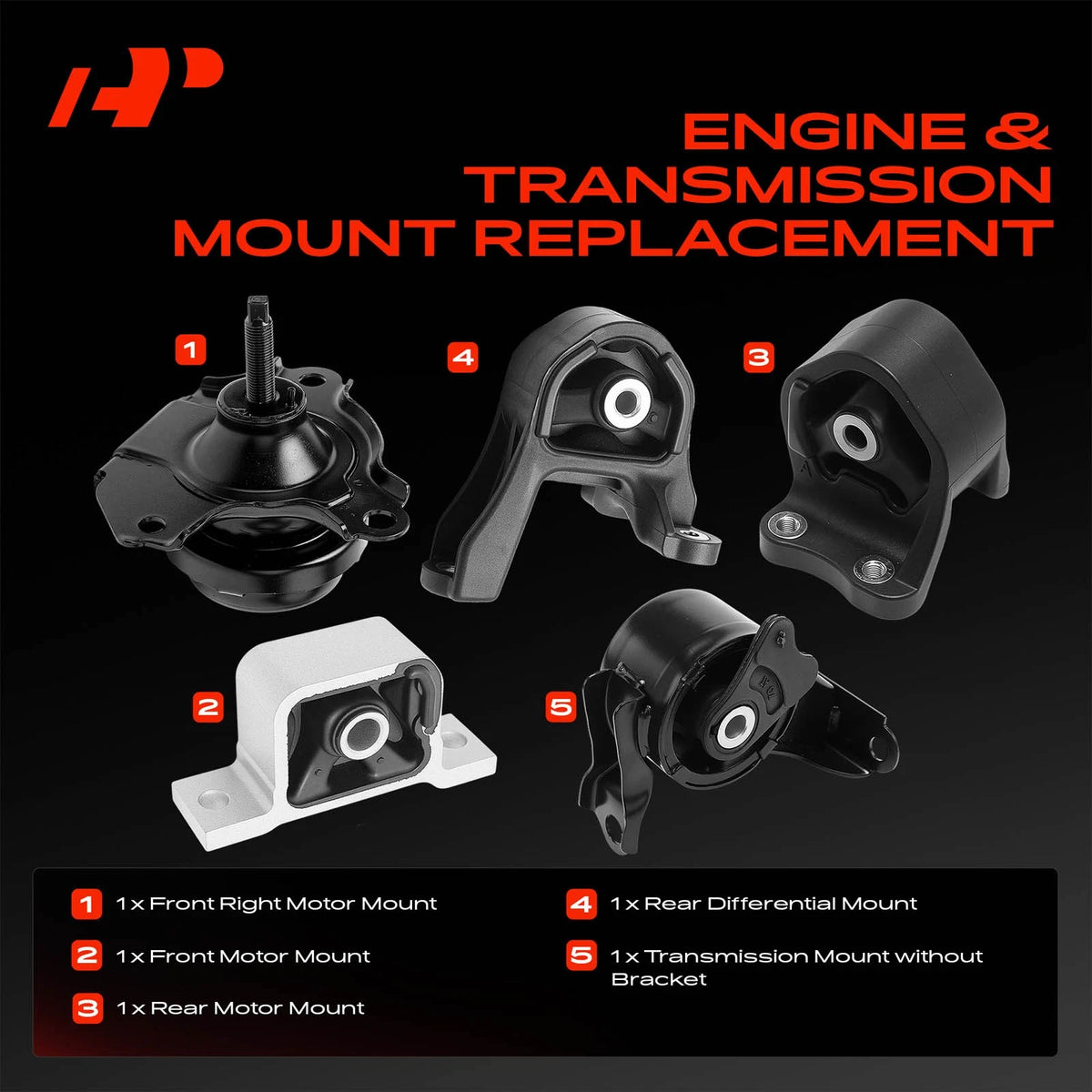 Set of 5 Engine Motor & Transmission Mounts for Honda Element (2003–2006) 50821SCVA02, 50721S5C003, 50810S7D003, 50810S9A013