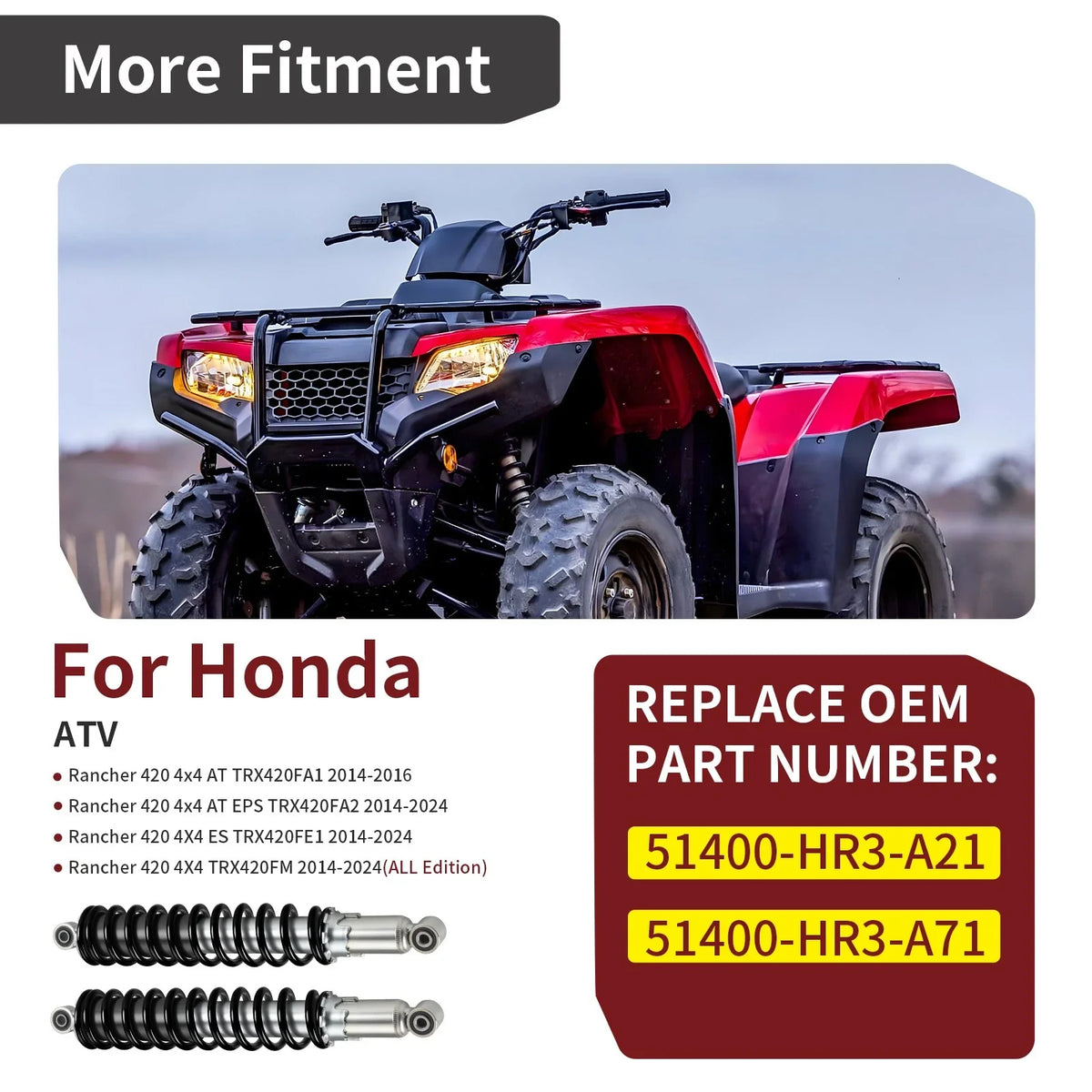 Front Shocks Set of 2 for Honda Rancher 420 4x4 AT EPS TRX420FA2 (2014–2024)