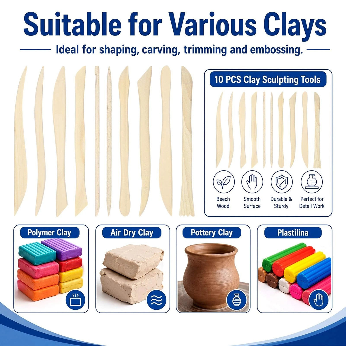 Set of 10 Beech Clay Sculpting Tools for Pottery
