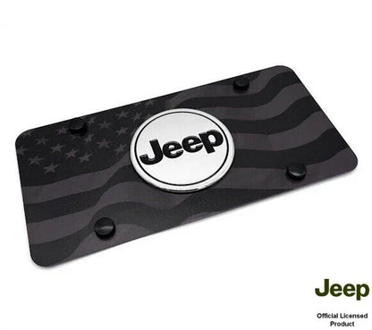 License Plate Cover Premium Black Wave with American Flag for Jeep Wrangler (2007–2024)