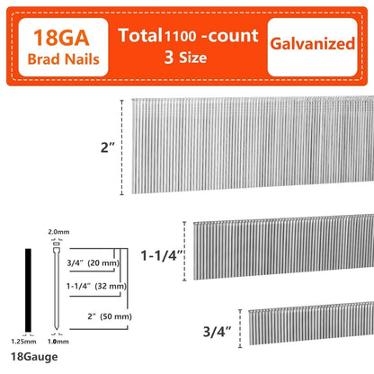 1100 pcs 18 Gauge Galvanized Brad Nails Set of 3 Sizes for Various Uses