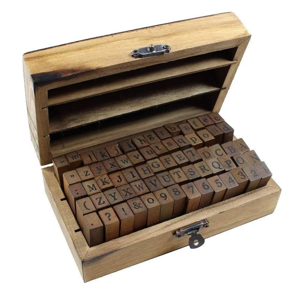70pcs Set Wooden Box Number Alphabet Letter Rubber Stamp