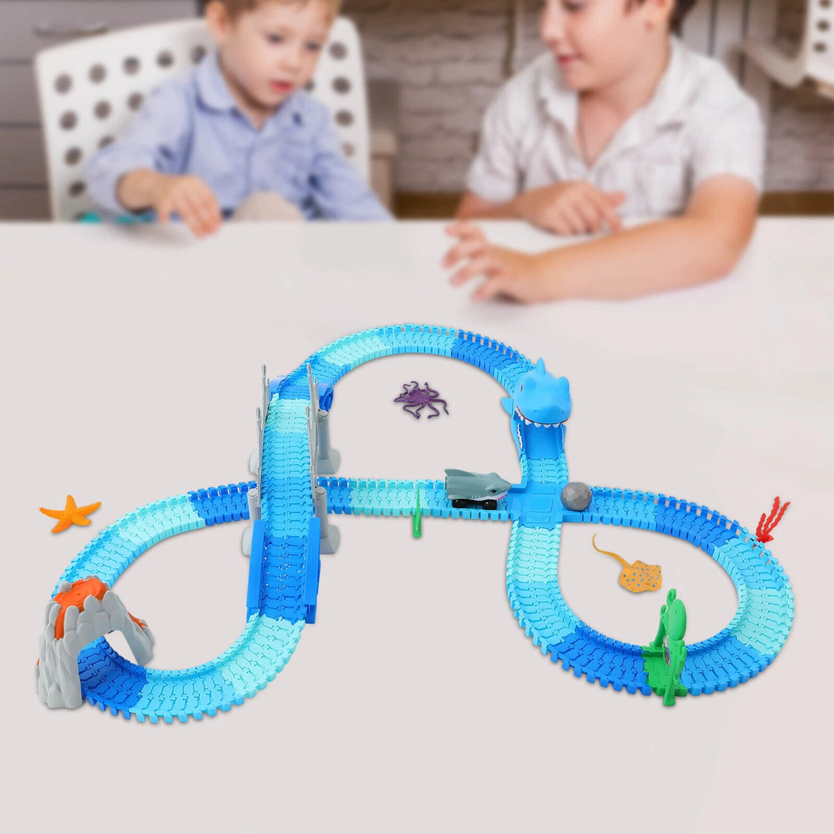 Shark Race Car Track Set for Kids - Ocean Theme (264 Pcs)