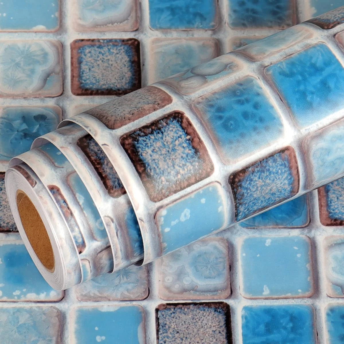 Waterproof Wallpaper for Bathroom 15.8" x 78.8", Blue Mosaic Tiles