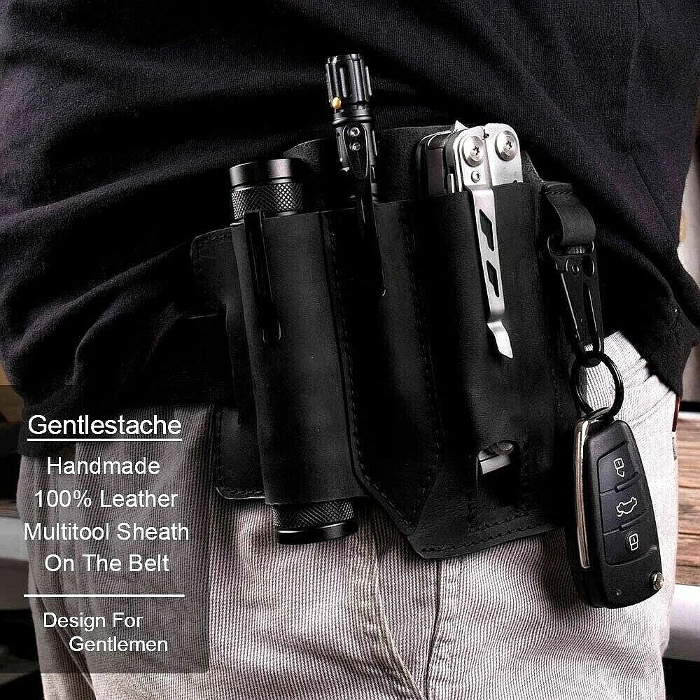 EDC Leather Belt Sheath Organizer for Folded Knives Tactical Flashlights