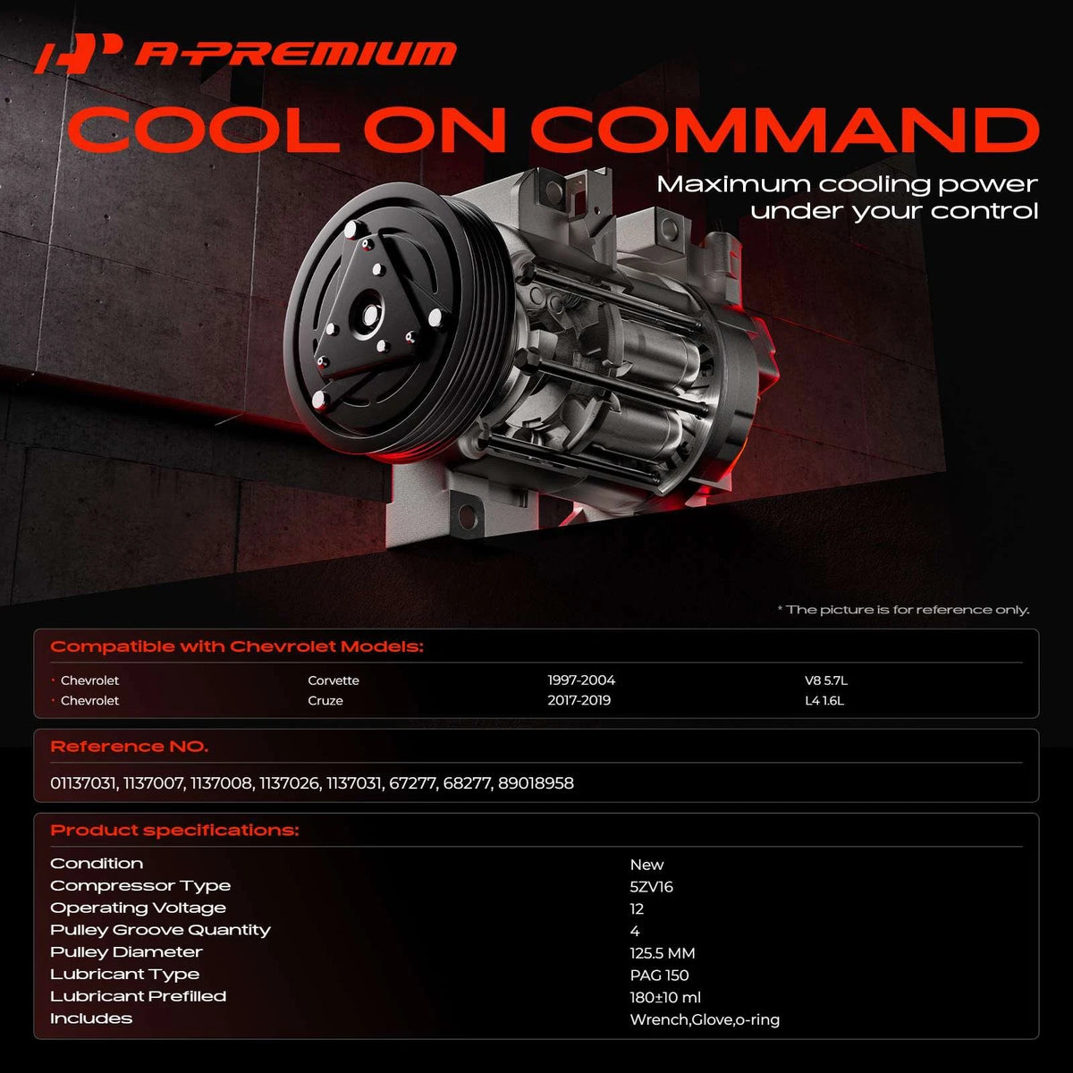 A-Premium A/C Compressor with Clutch for Chevrolet Cruze (2017–2019) 1137008, 1137026, 01137031, 89018958, 68277