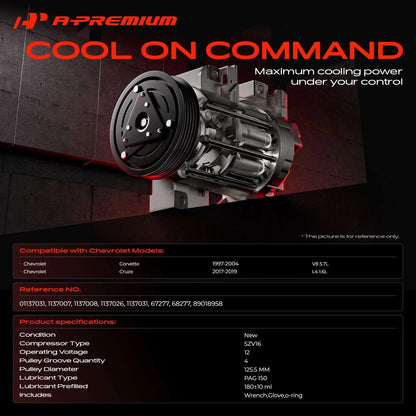 A-Premium A/C Compressor with Clutch for Chevrolet Cruze (2017–2019) 1137008, 1137026, 01137031, 89018958, 68277