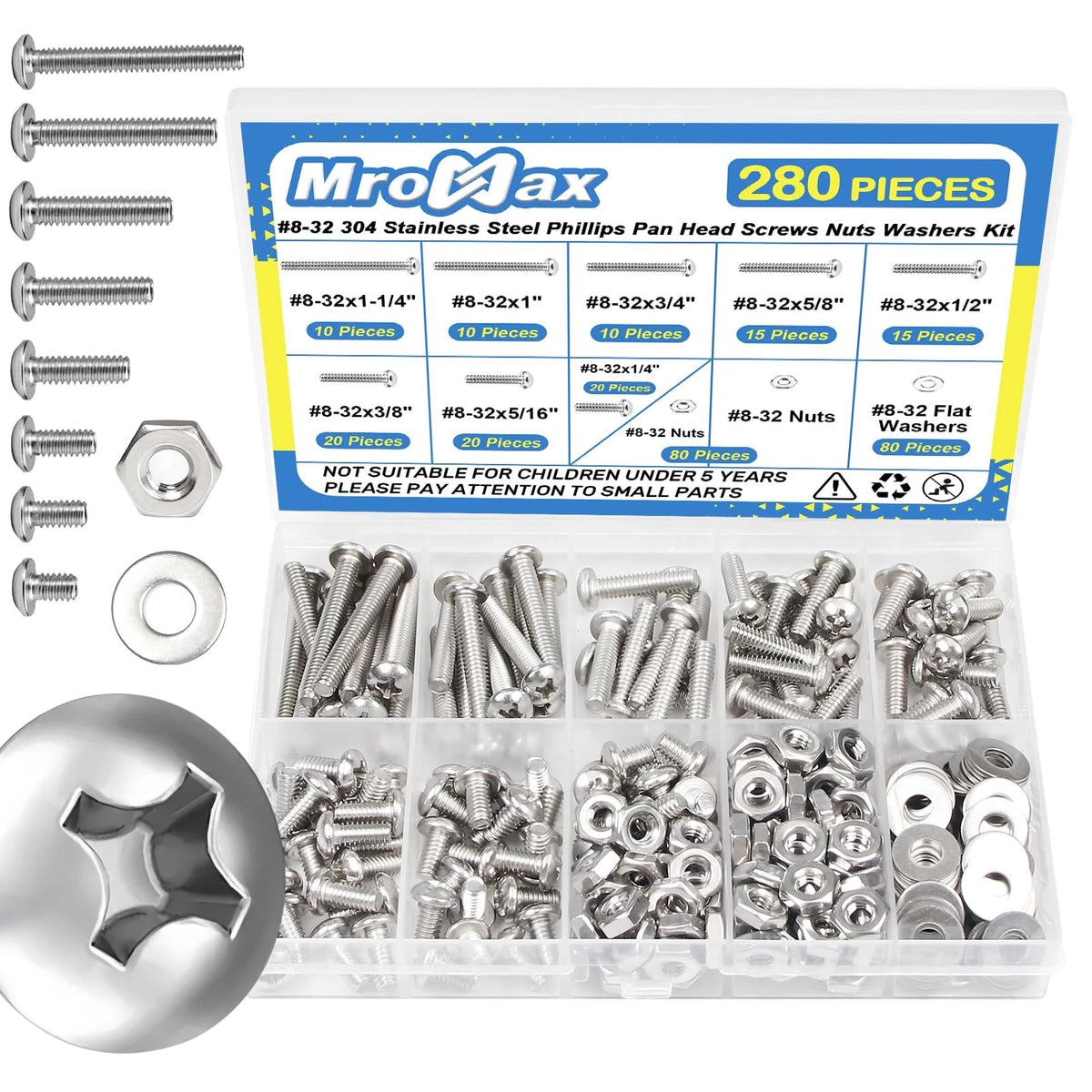 280pcs #8-32 Phillips Pan Head Machine Screws with Nuts, Silver