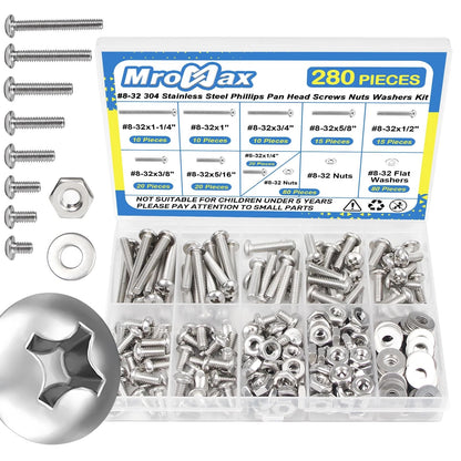 280pcs #8-32 Phillips Pan Head Machine Screws with Nuts, Silver