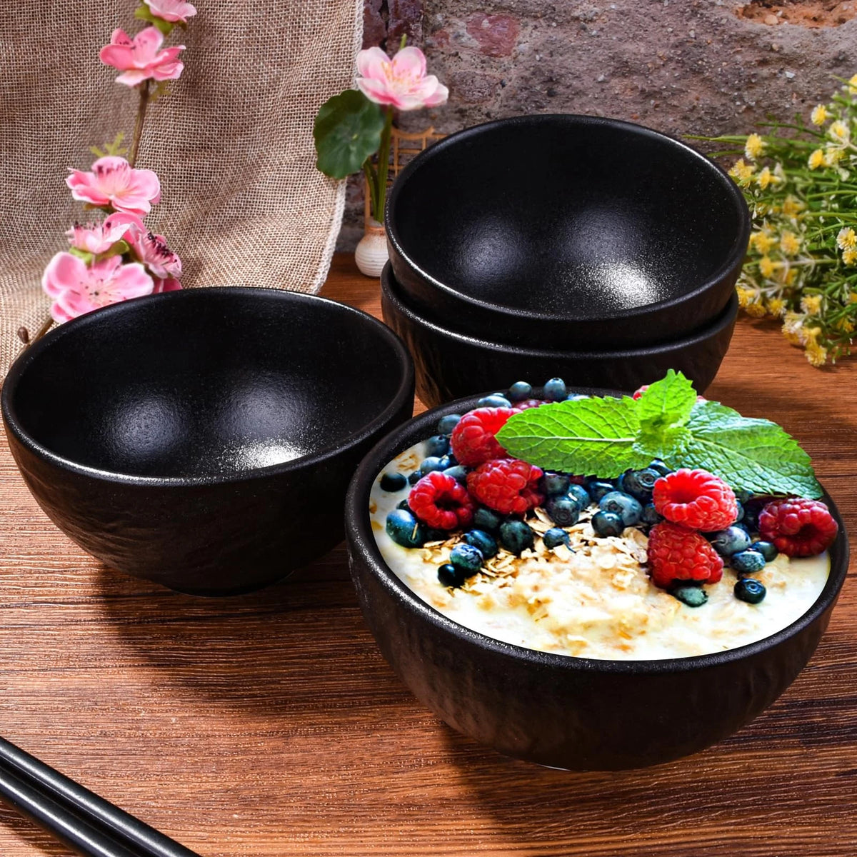 Set of 4 Ceramic Rice Bowls for Japanese Sushi (4.5 Inch, Black)