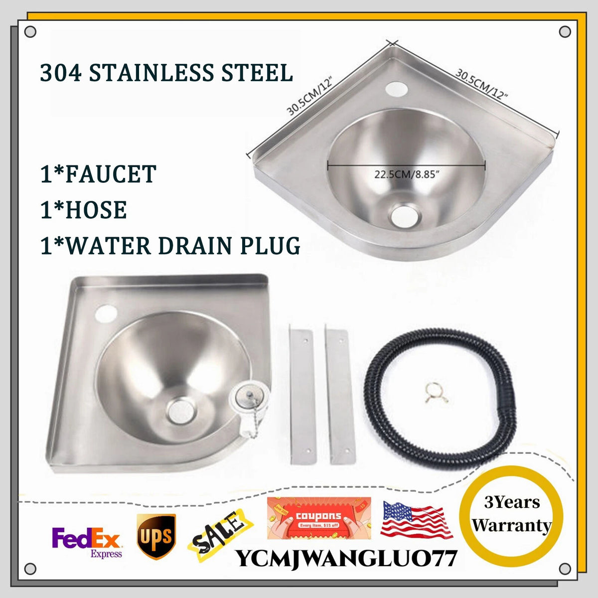 Triangular Sink for RV Boat Caravan Camper (Stainless Steel)