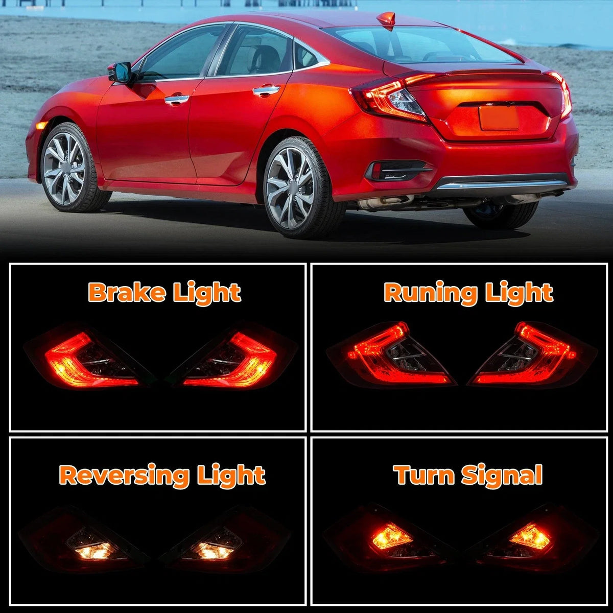 4X Tail Lights for Honda Civic 4-Door Sedan (2016–2021) Left+Right