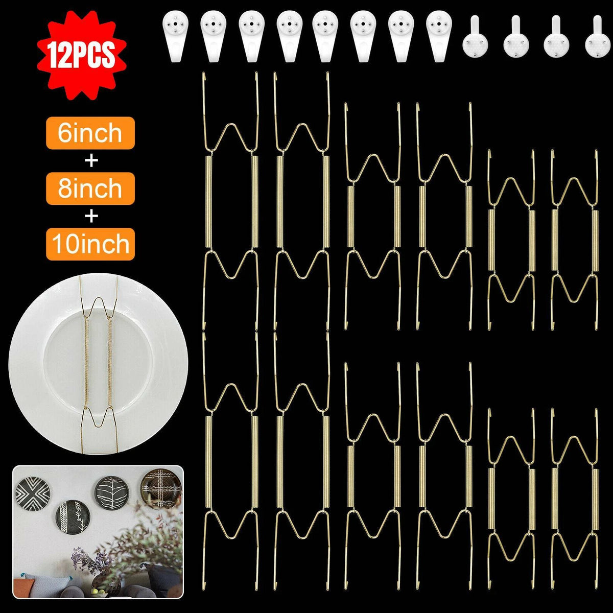 Set of 12 Invisible Dish Hooks for Wall Display (6/8/10 inch)