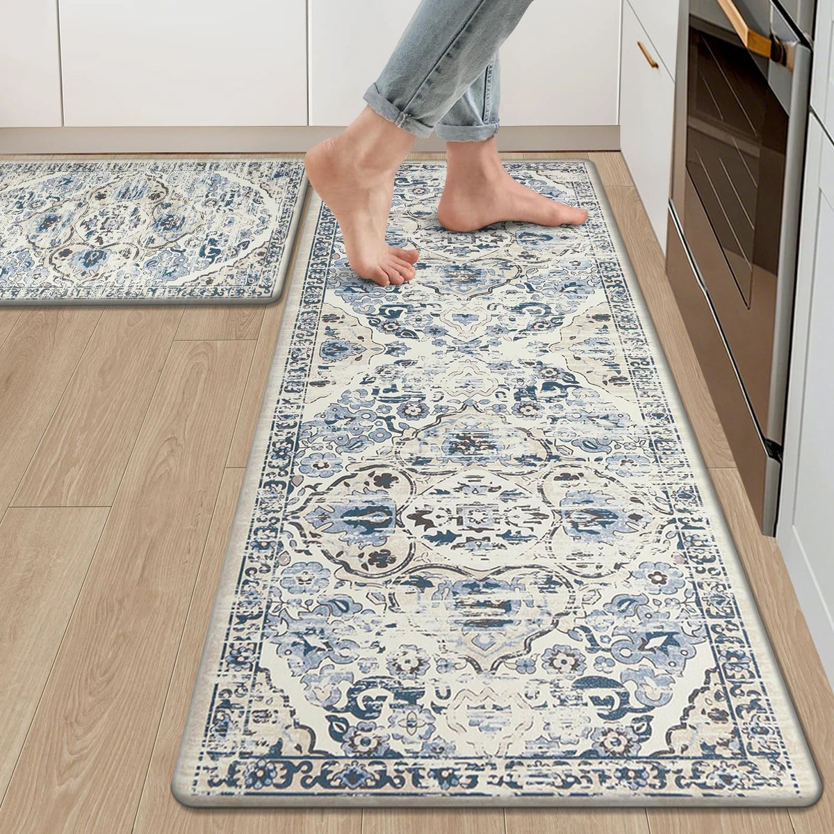 Set of 2 Anti Fatigue Kitchen Rugs 17"x47" & 17"x28" - Blue