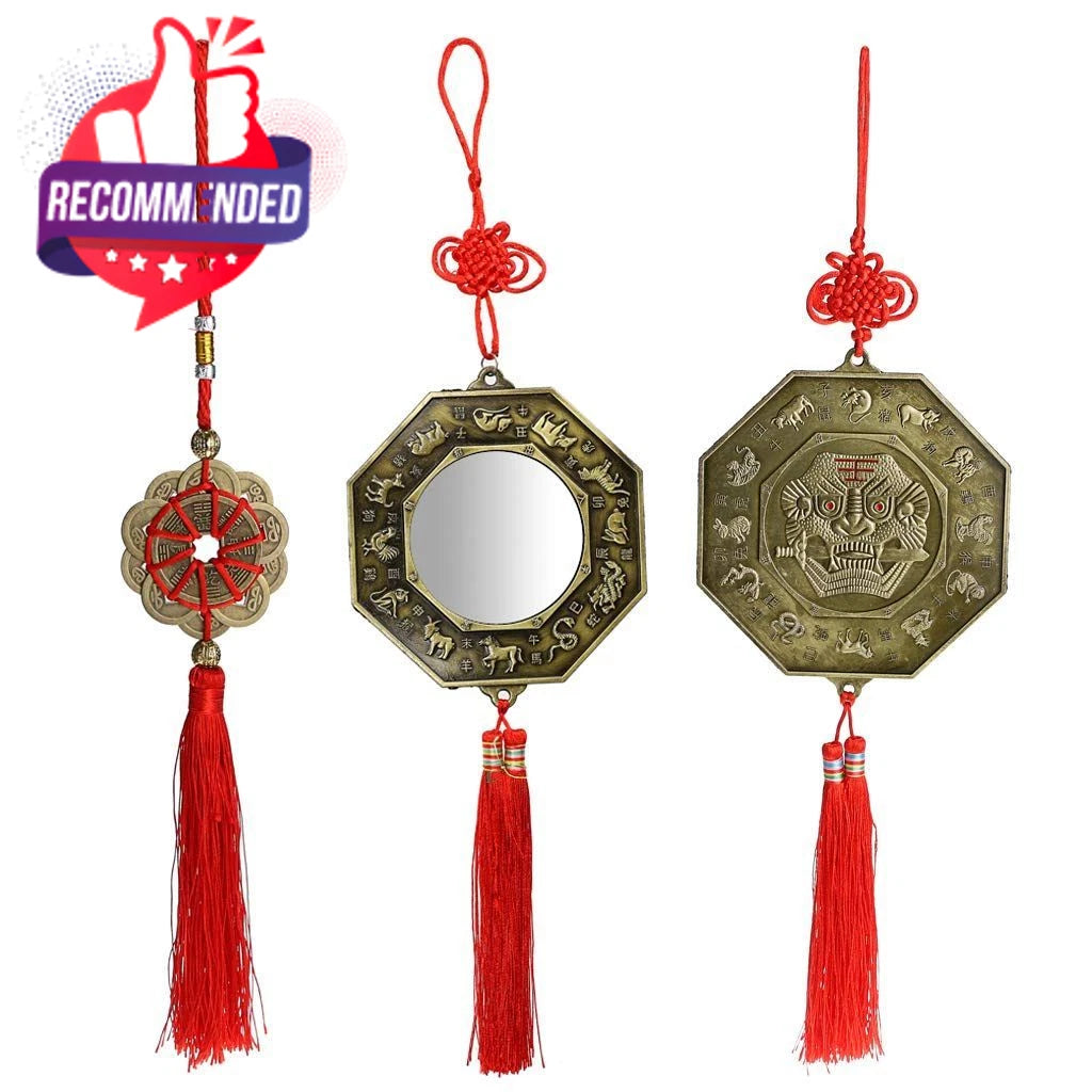 3 Pcs Bagua Mirror Feng Shui Ornaments Guardian Lion Biting A Sword