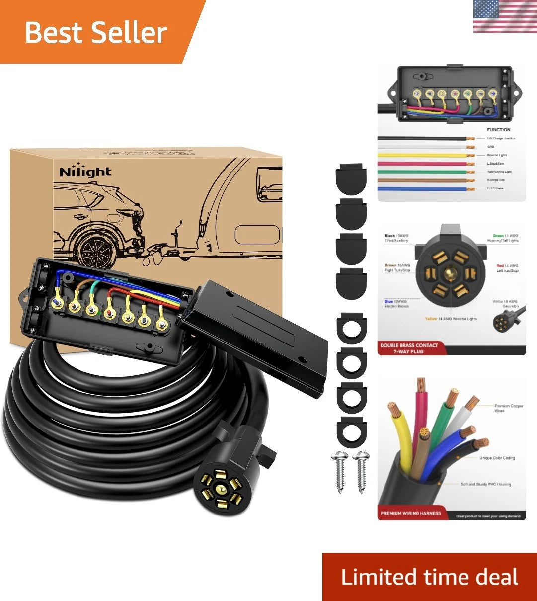 7 Way Trailer Wiring Harness for RV (16ft Connector)