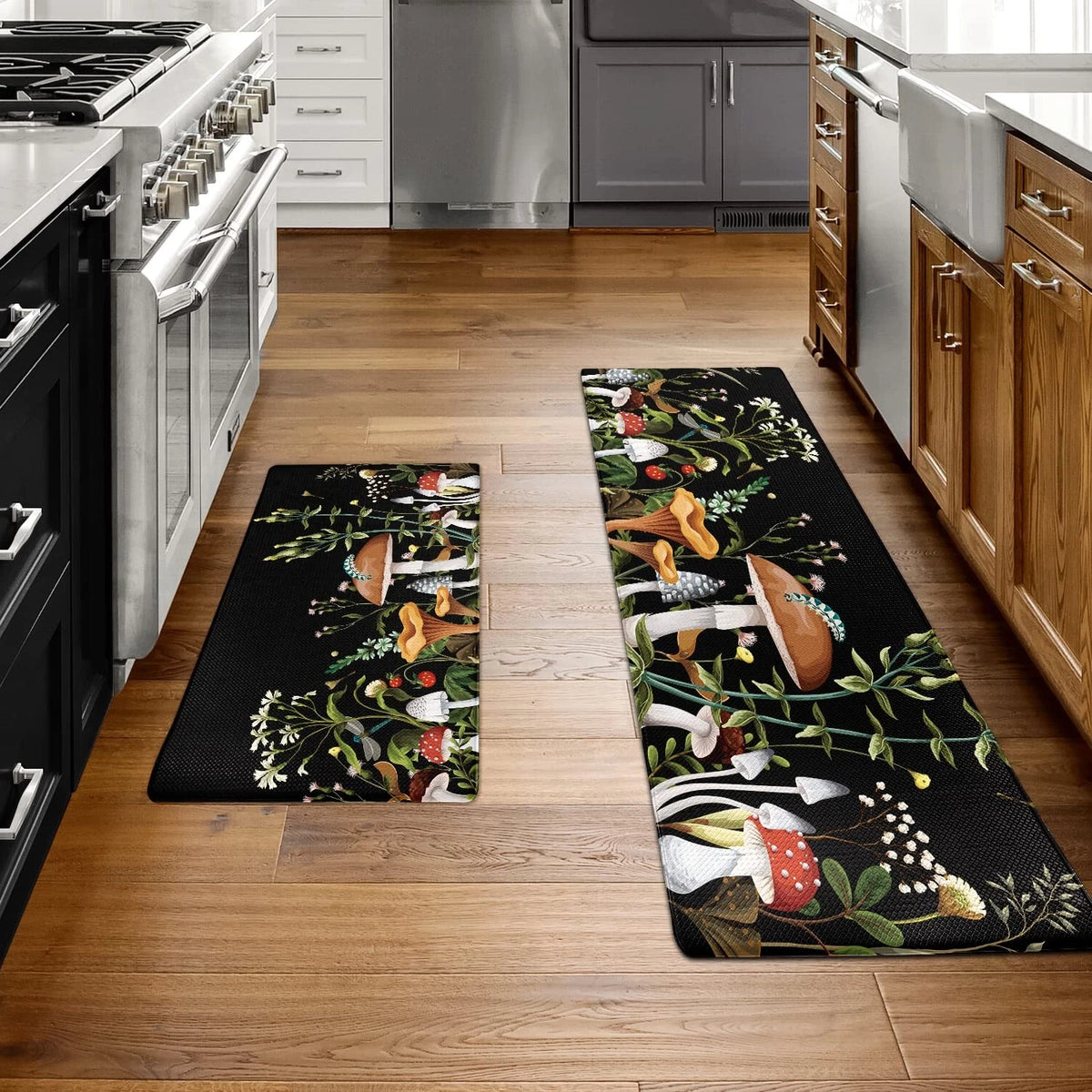 Set of 2 Mushroom Kitchen Rugs for Kitchen (17.5"x29.5" + 17.5"x47")