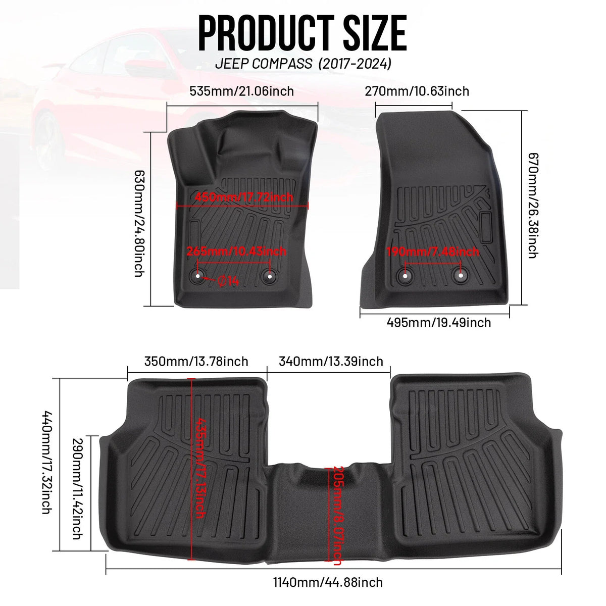 Set of 3 Floor Mats Liner for Jeep Compass (2017–2025) 3D Mold TPE Rubber