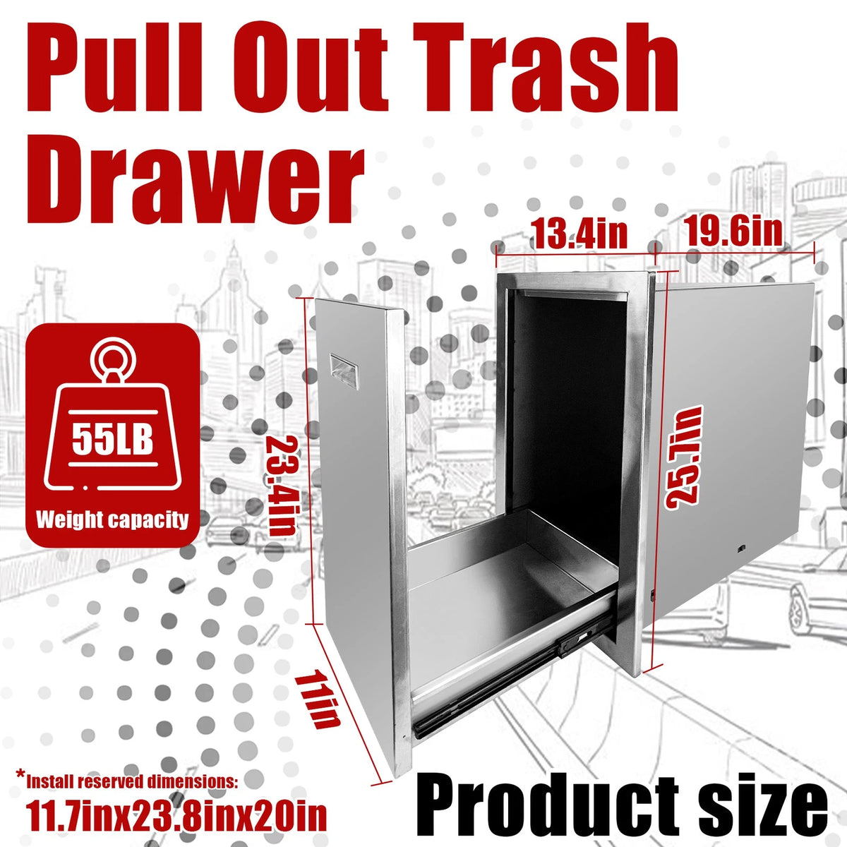 Pull Out Trash Drawer for Automotive Applications (13.4"W x 25.7"H x 19.6"D)