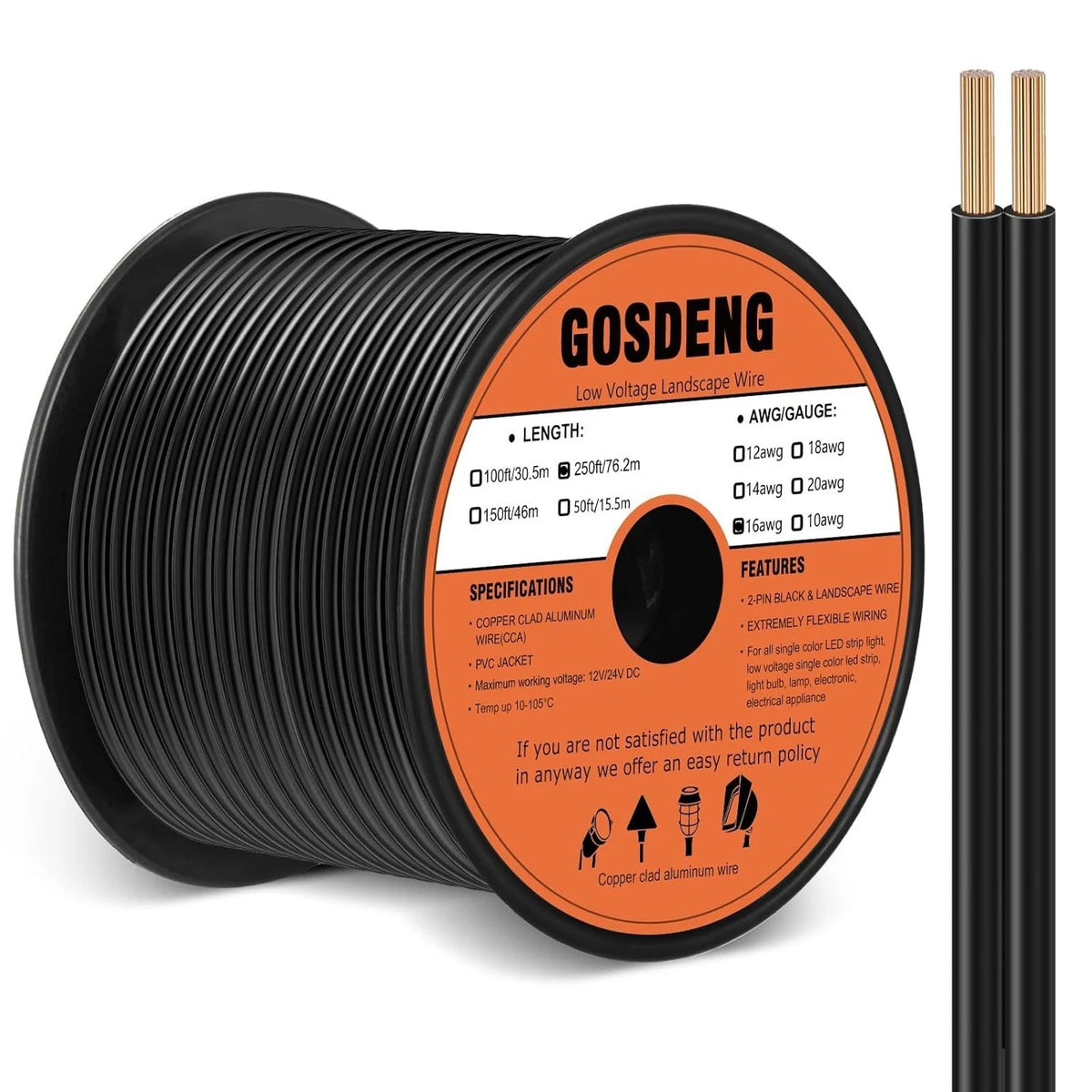 16/2 Gauge Low Voltage Landscape Lighting Wire for Outdoor Use (250FT)